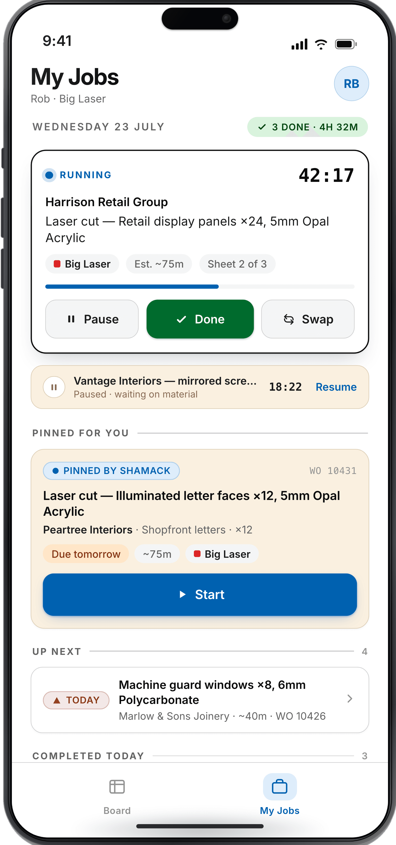 My Jobs on a phone — a running job with a live timer and one-tap Done