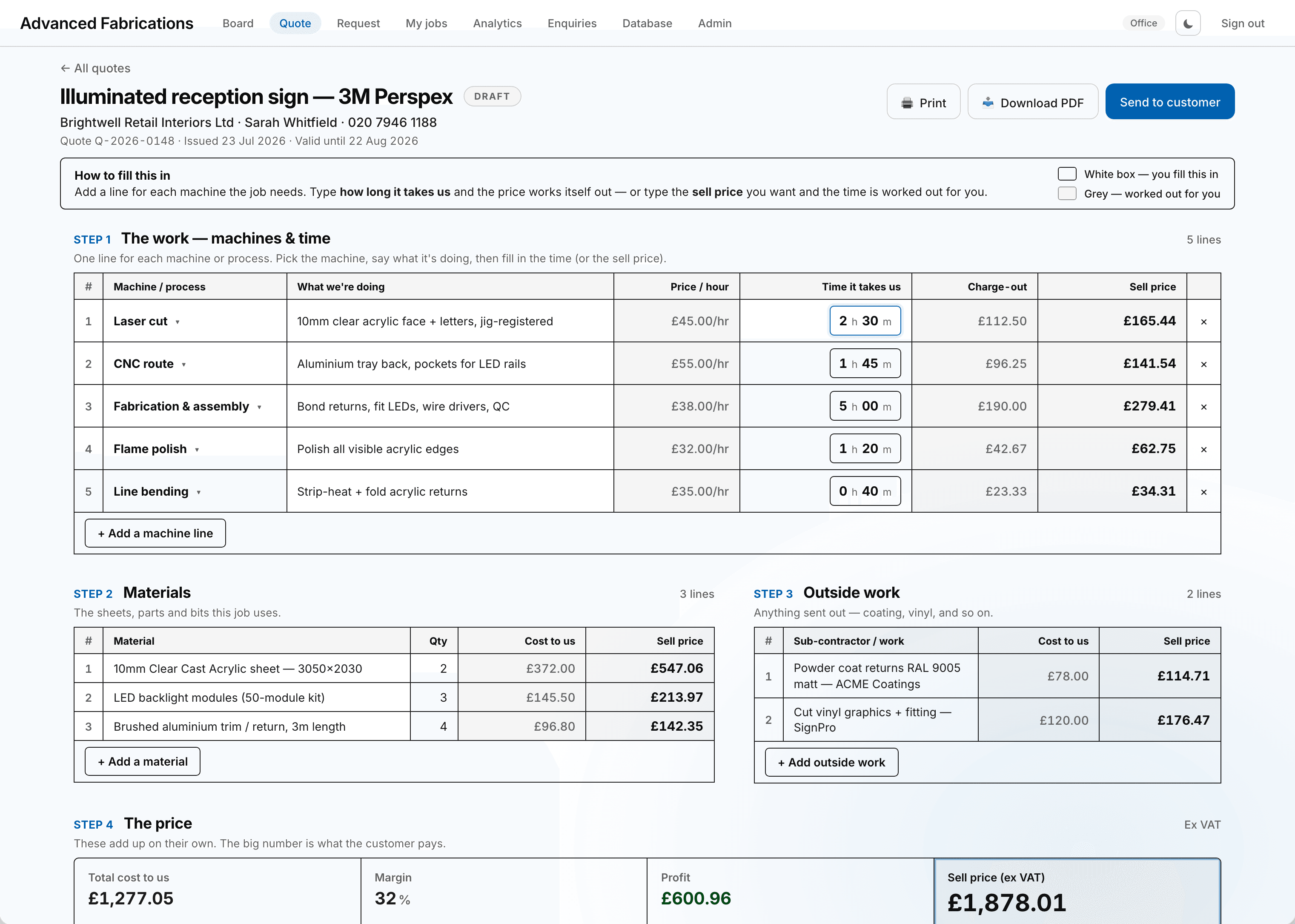 Quote calculator with machine lines, materials, outside work and a live margin total