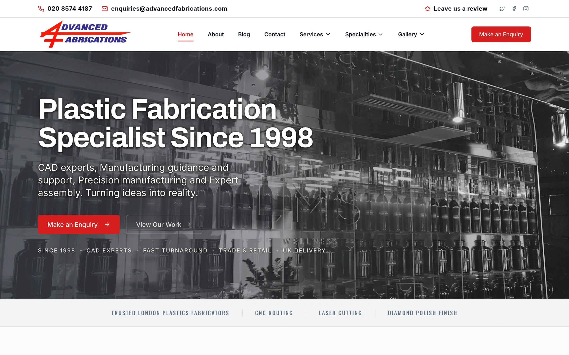 The Advanced Fabrications home page: Plastic fabrication specialist since 1998