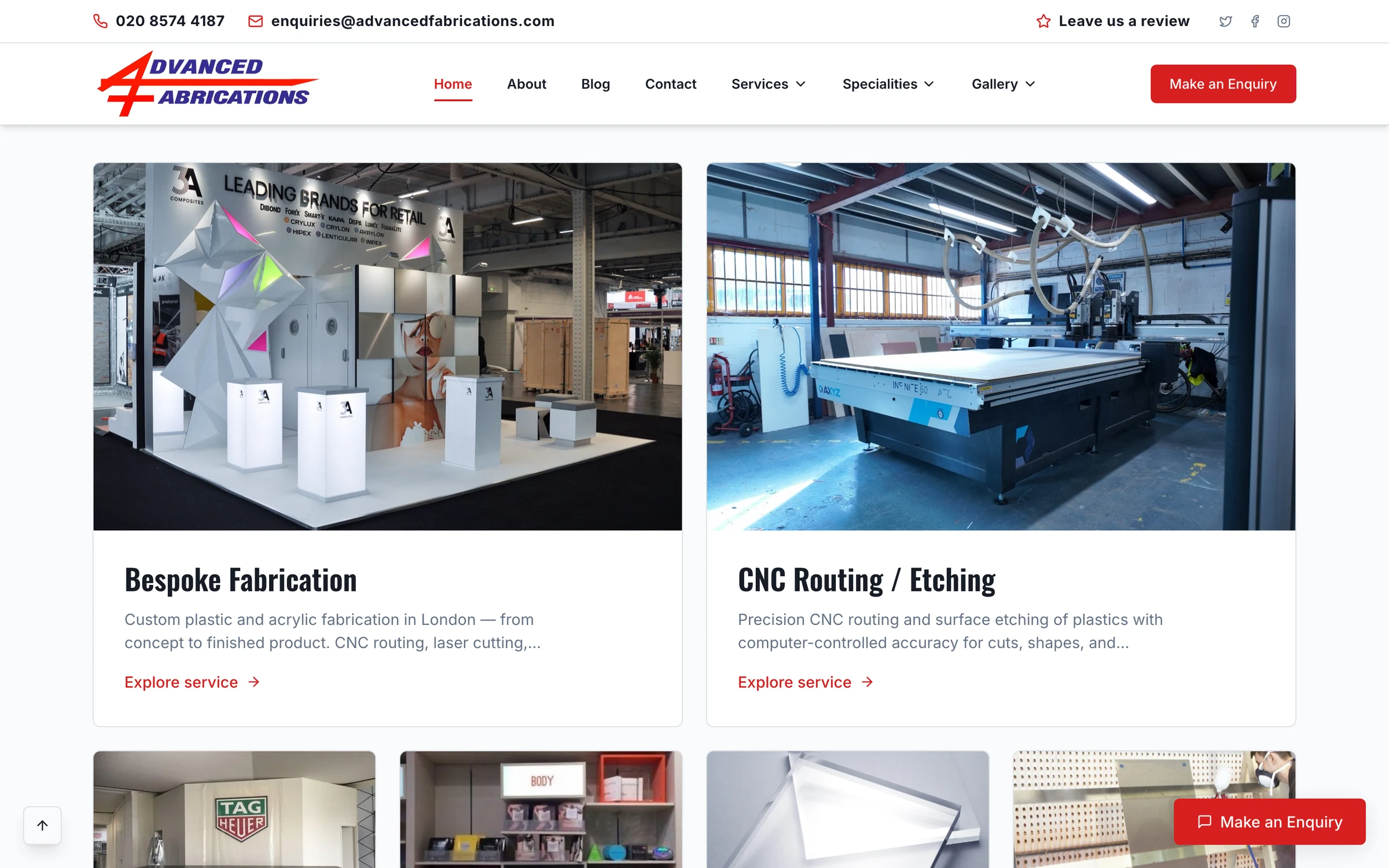 Our services on advancedfabrications.com: bespoke fabrication, CNC routing, laser cutting, bending, polishing and painting
