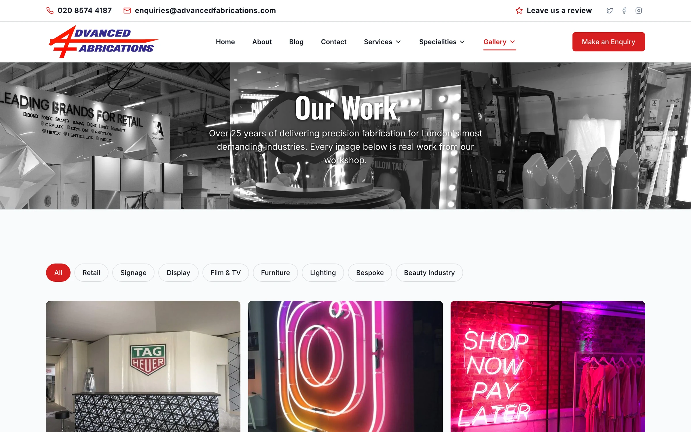 The work gallery on advancedfabrications.com, filtered by retail, signage, display, film and TV