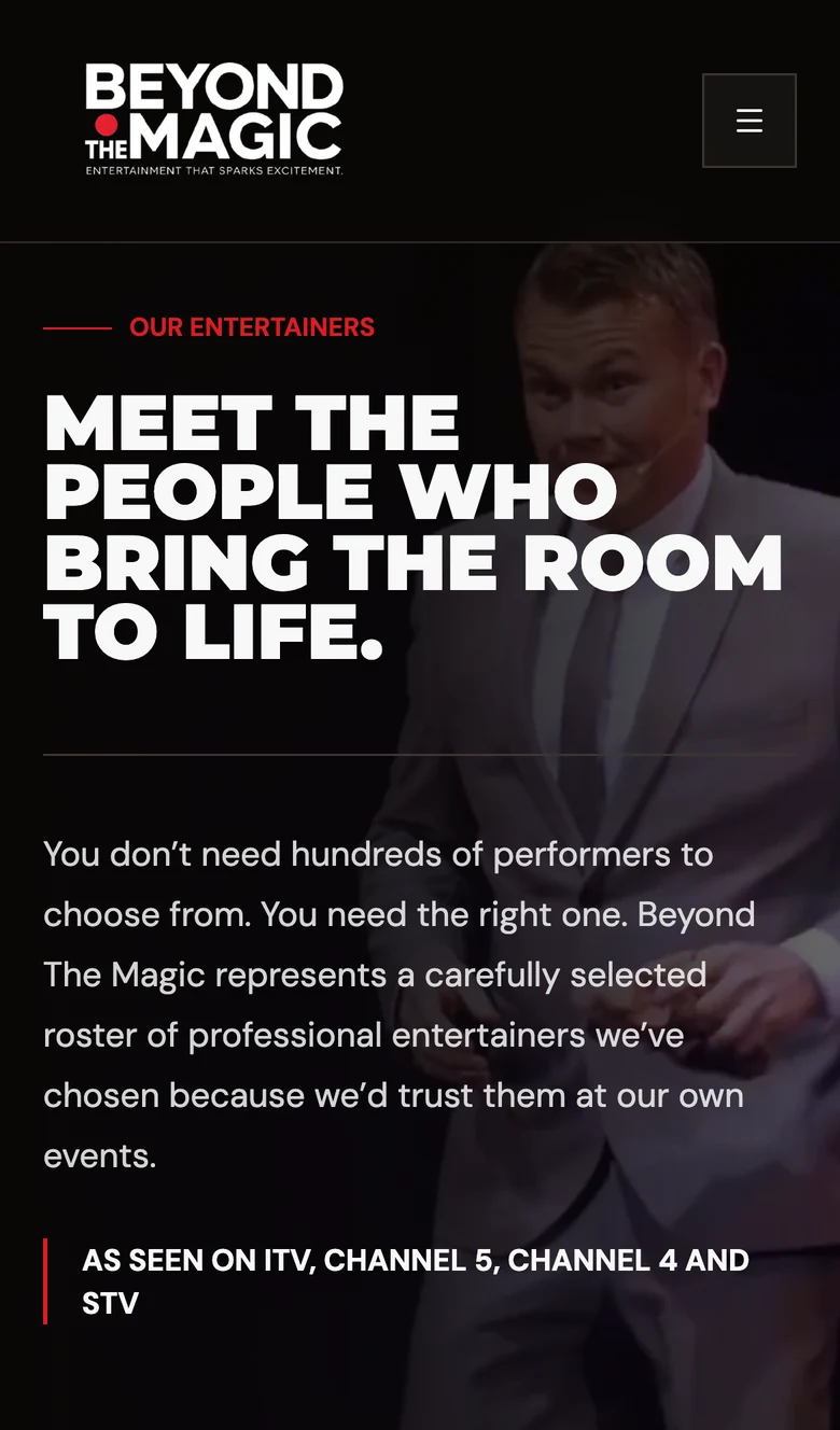 The entertainers page on a phone: Meet the people who bring the room to life