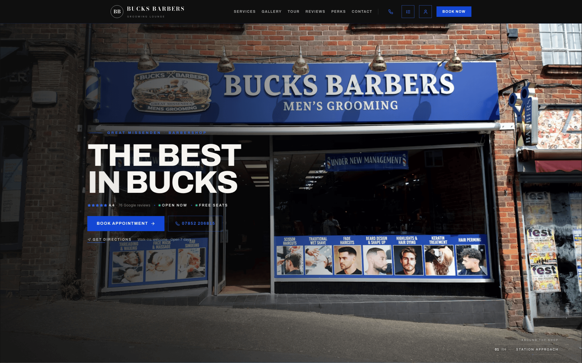 The Bucks Barbers site — a 360 hero with live booking