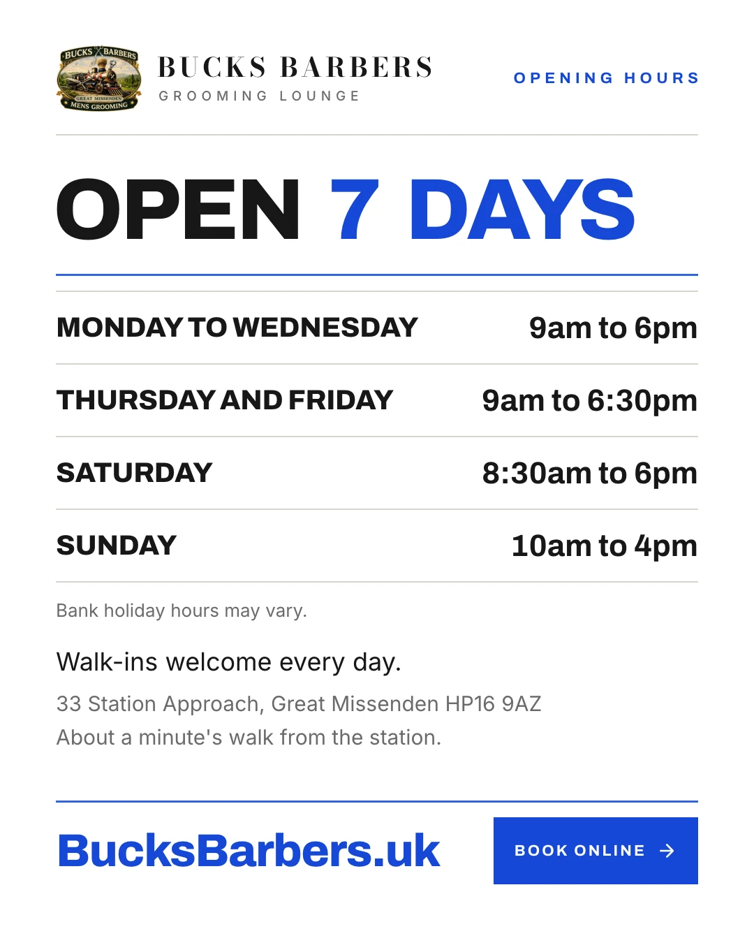 Instagram post: Open seven days, with the opening hours