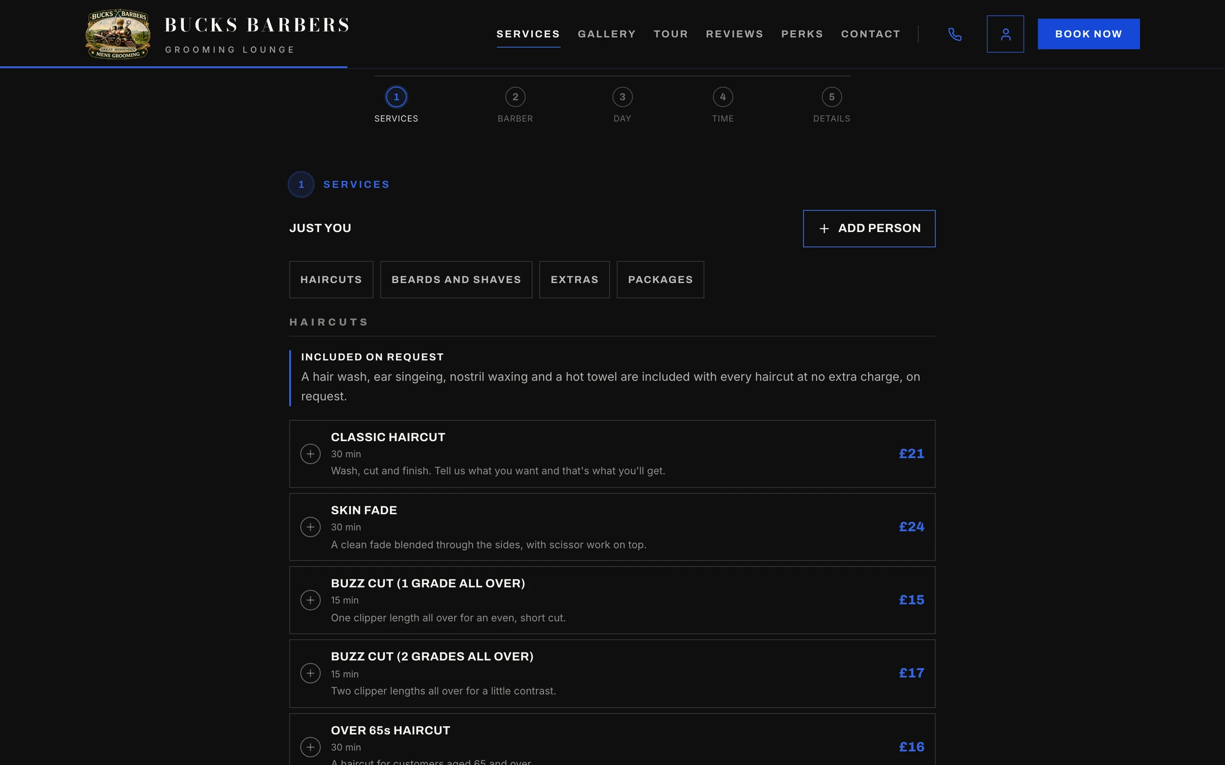 The booking screen: choose a service from the list of haircuts, with five steps across the top