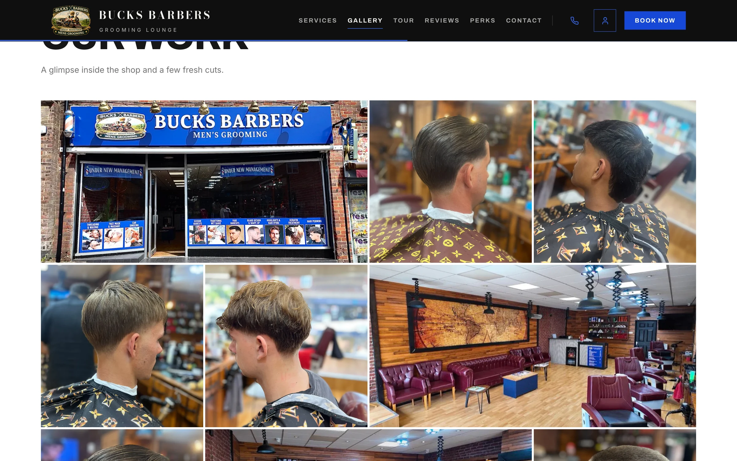 Our work: a grid of fresh haircuts and the shop interior
