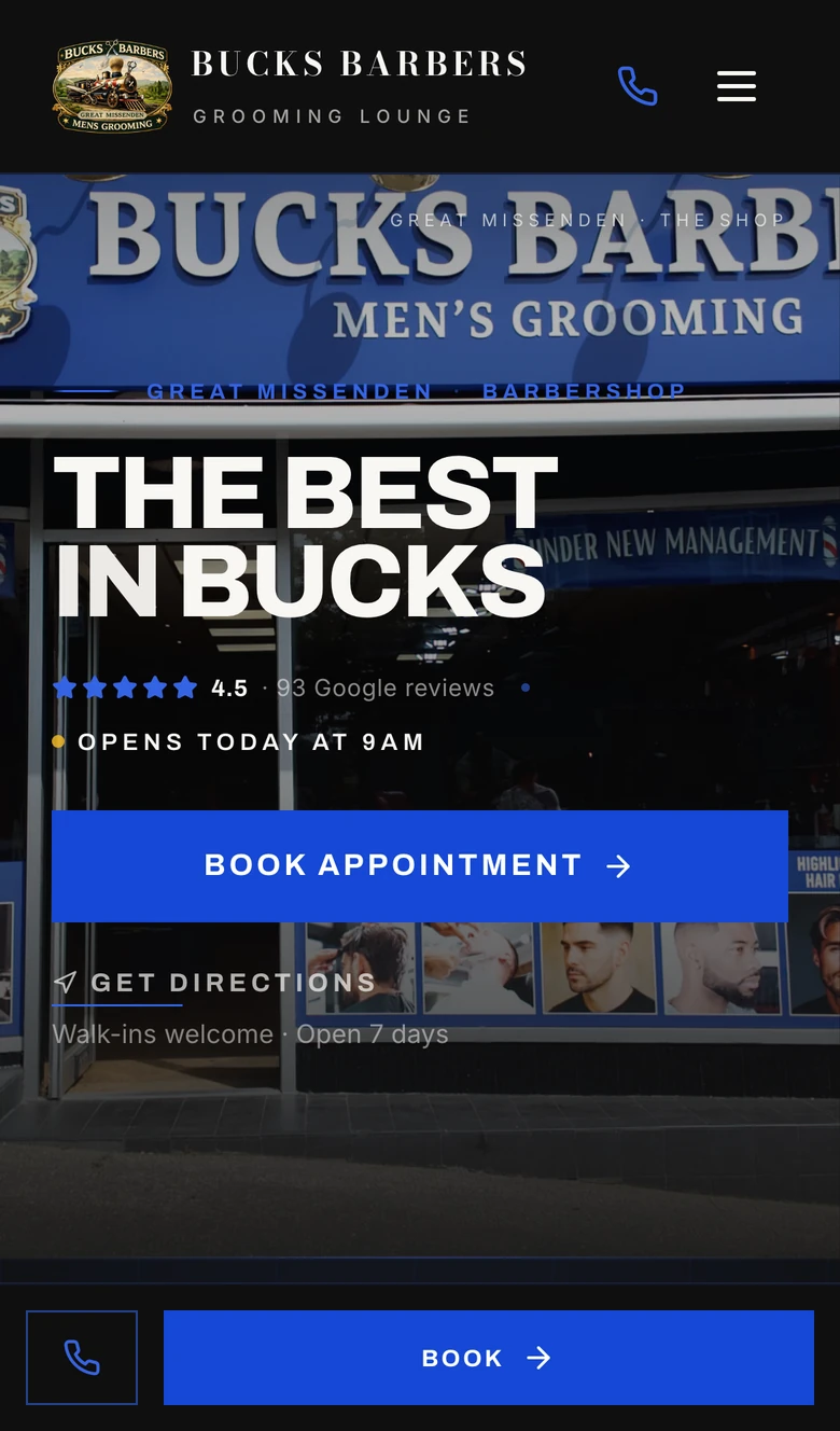 The Bucks Barbers home page on a phone