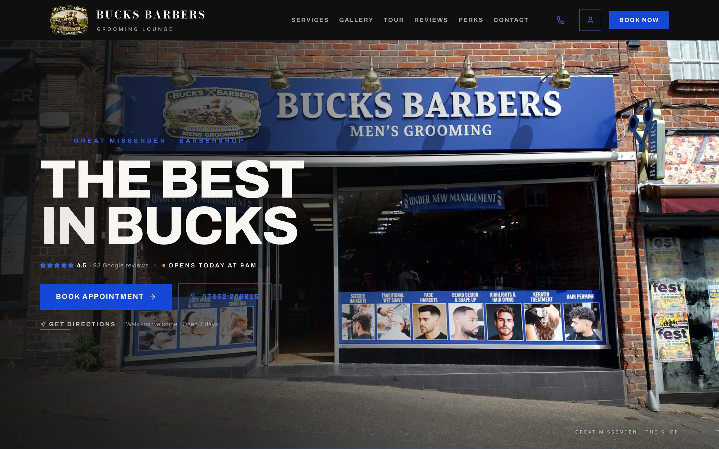 Bucks Barbers website showing the real shopfront and appointment booking link