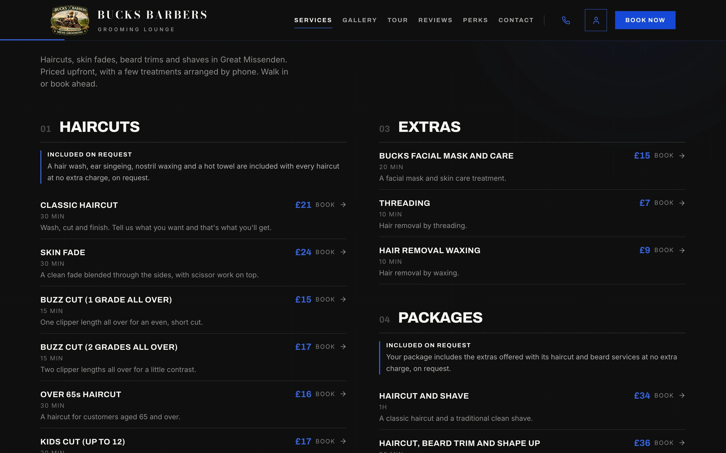 The Bucks Barbers price list: haircuts, extras and packages