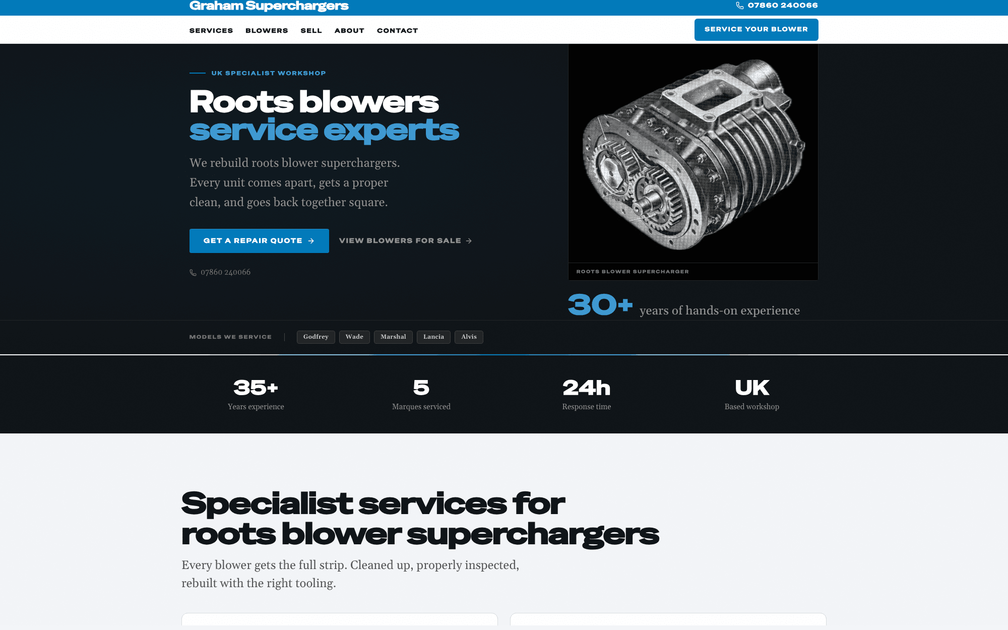 Graham Superchargers — Roots blowers service experts, with a repair quote button and the marques serviced