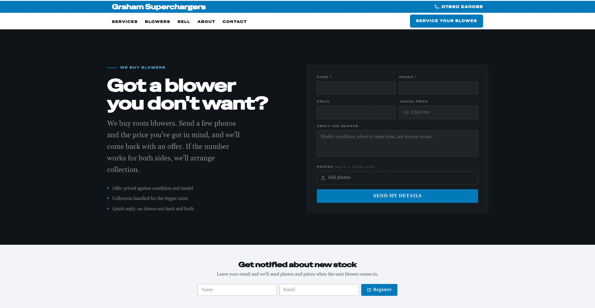 Got a blower you don't want? — the sell form with photos and asking price, plus new-stock email alerts