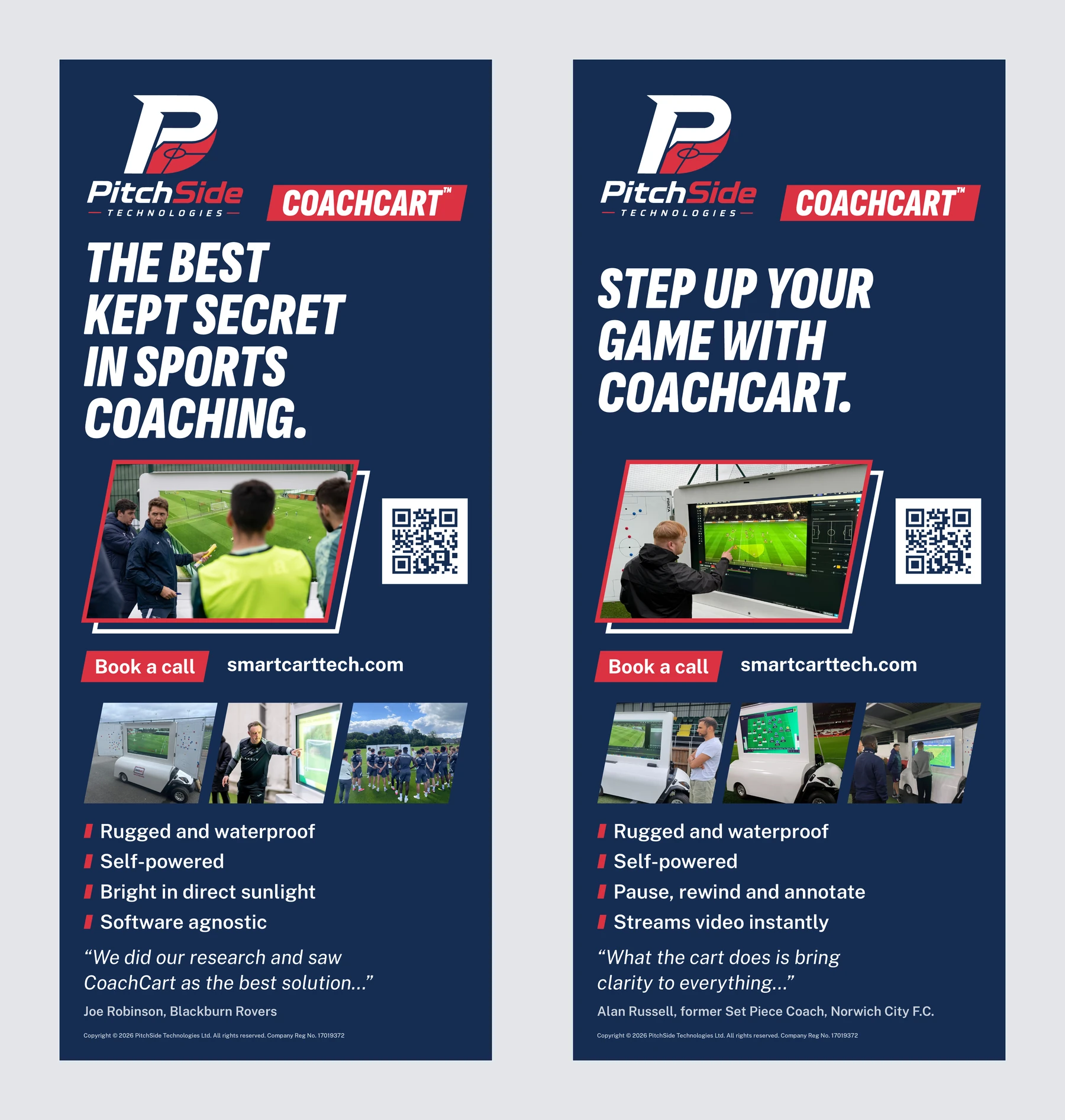 The two pull-up banner designs side by side: Step up your game with CoachCart, and The best kept secret in sports coaching