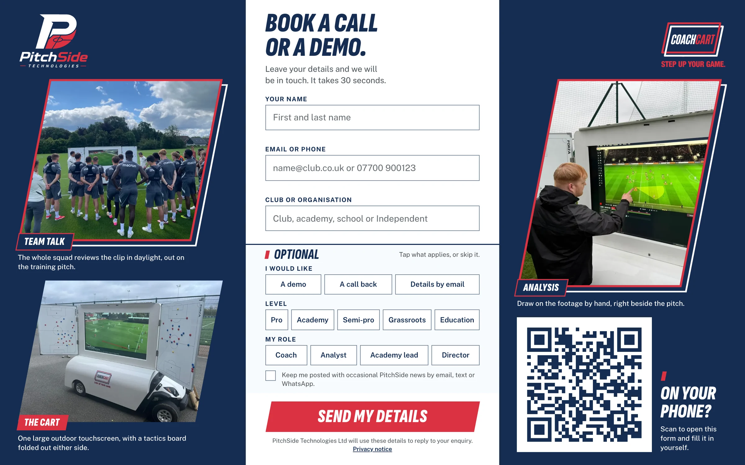 The enquiry page on a laptop: Book a call or a demo, with photographs and a QR code either side