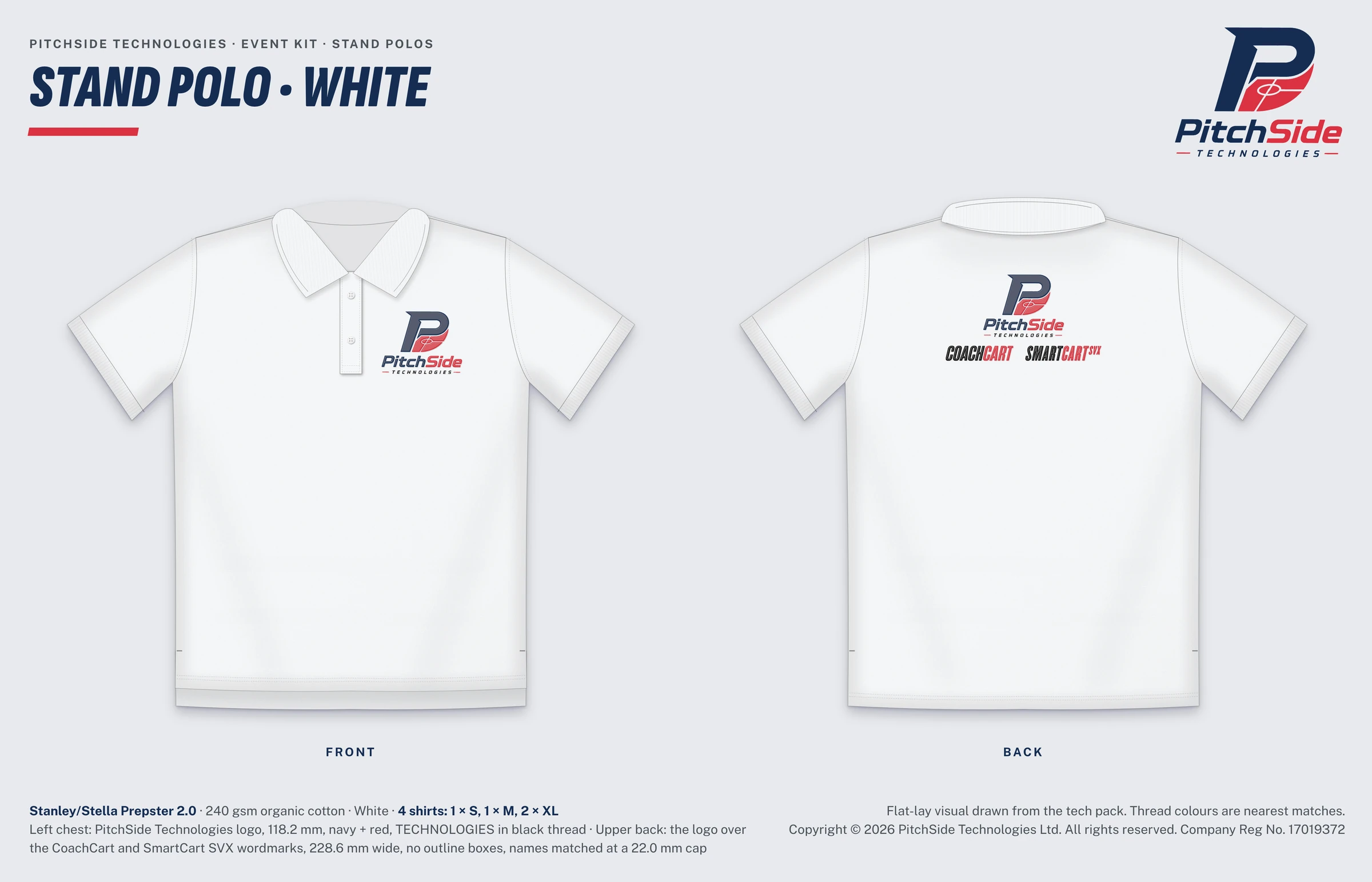 The placement sheet for the polo shirts, front and back