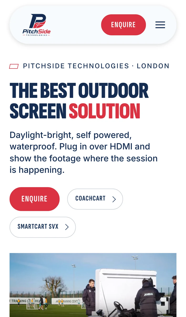 The PitchSide home page on a phone
