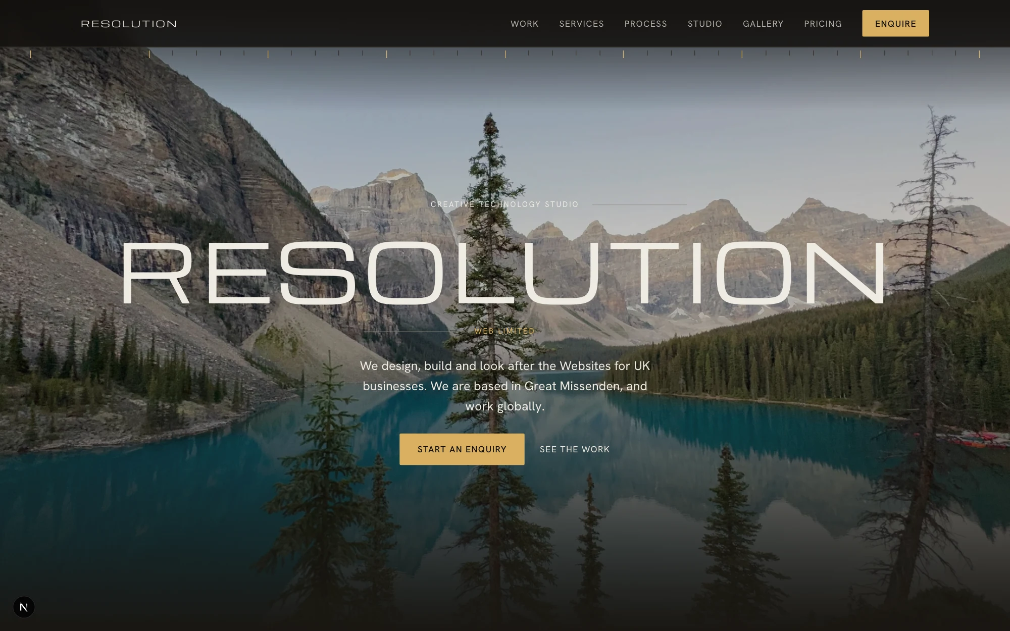 The Resolution Web homepage — the wordmark set over a mountain lake photograph, with the enquiry call to action