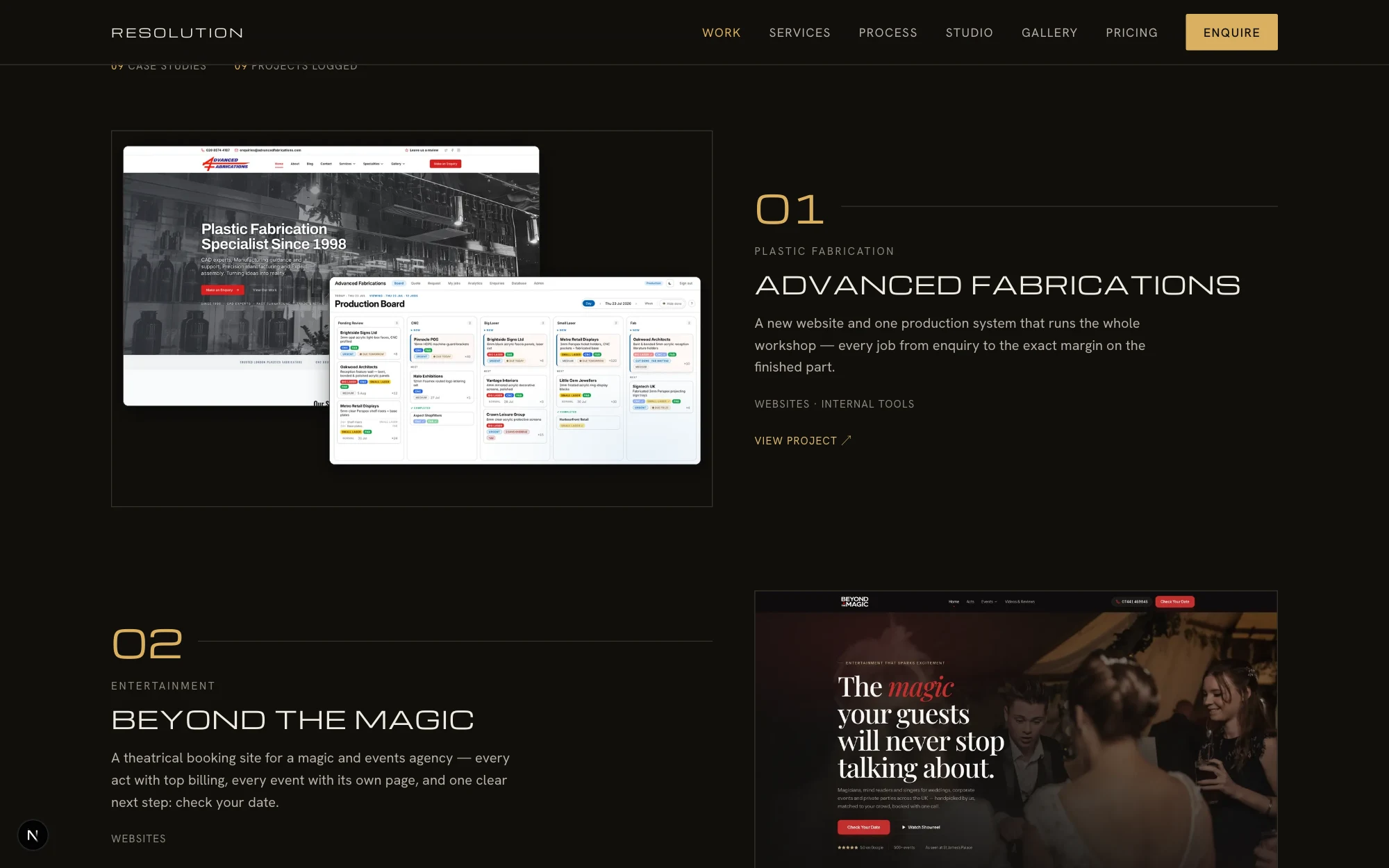 The work page — numbered editorial rows for each project with covers, sectors and summaries