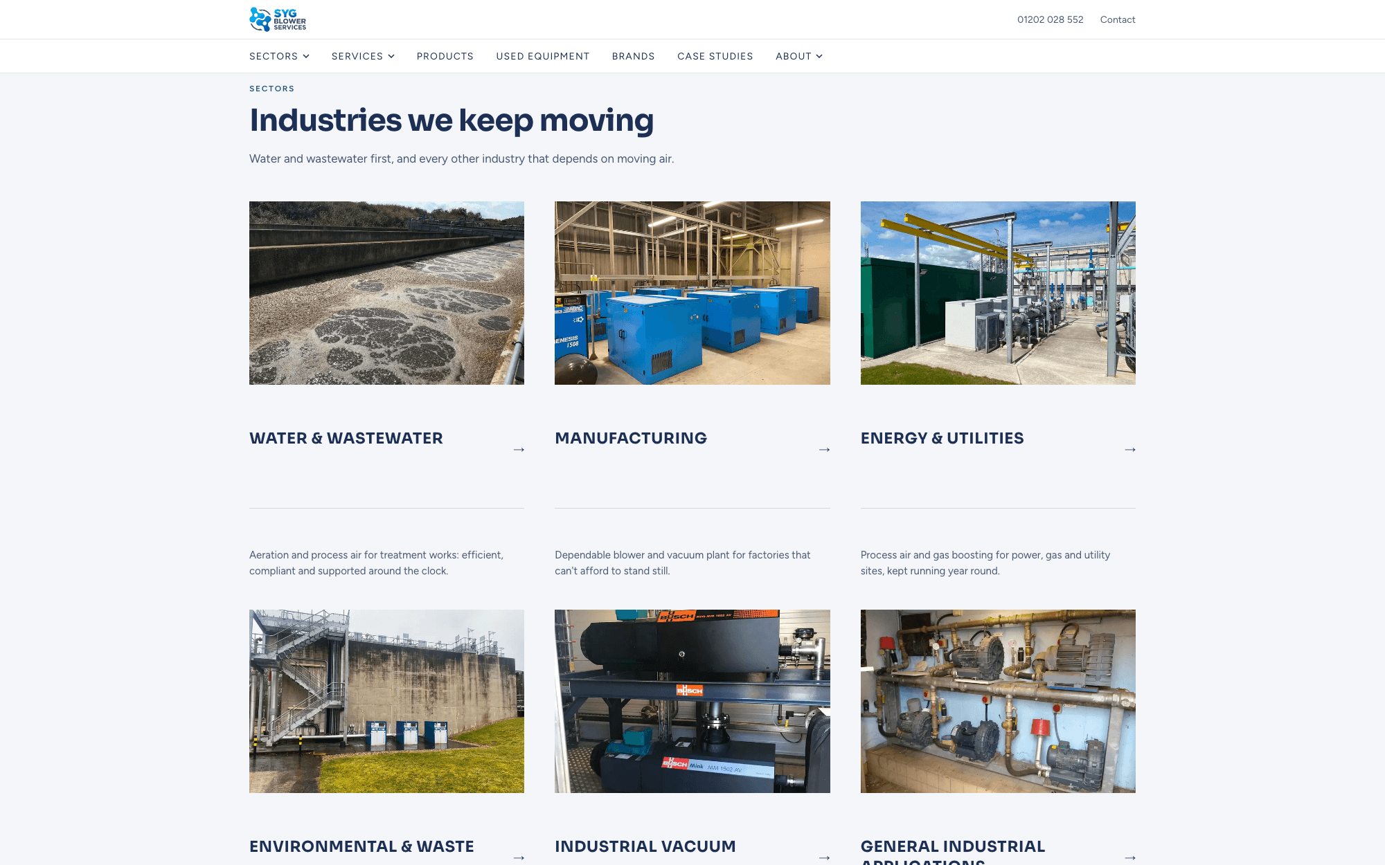 Industries we keep moving — a six-card sector grid from water and wastewater to industrial vacuum