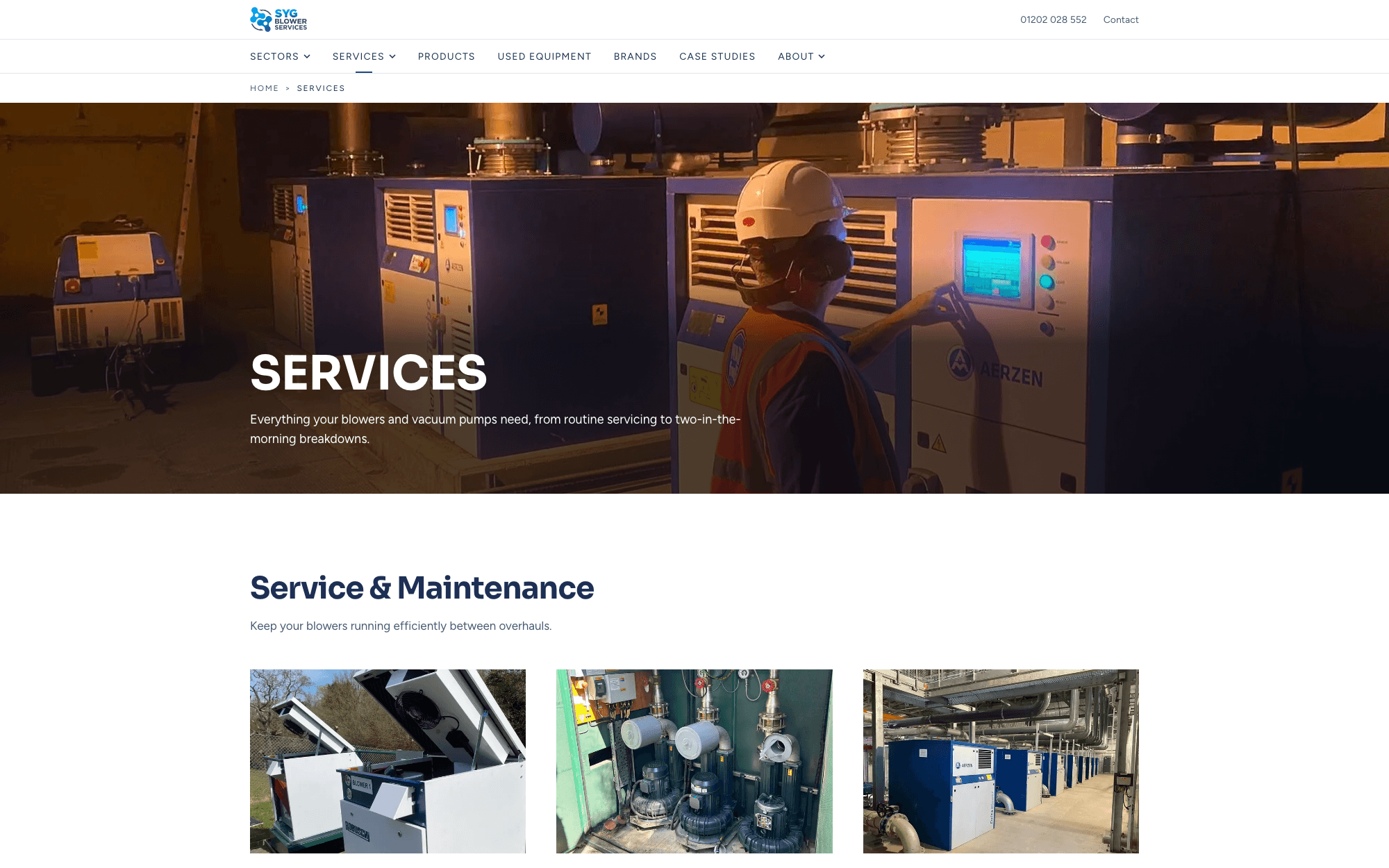 The SYG services page — an engineer in hi-vis at a blower control panel, with the services lede and a three-photo equipment row