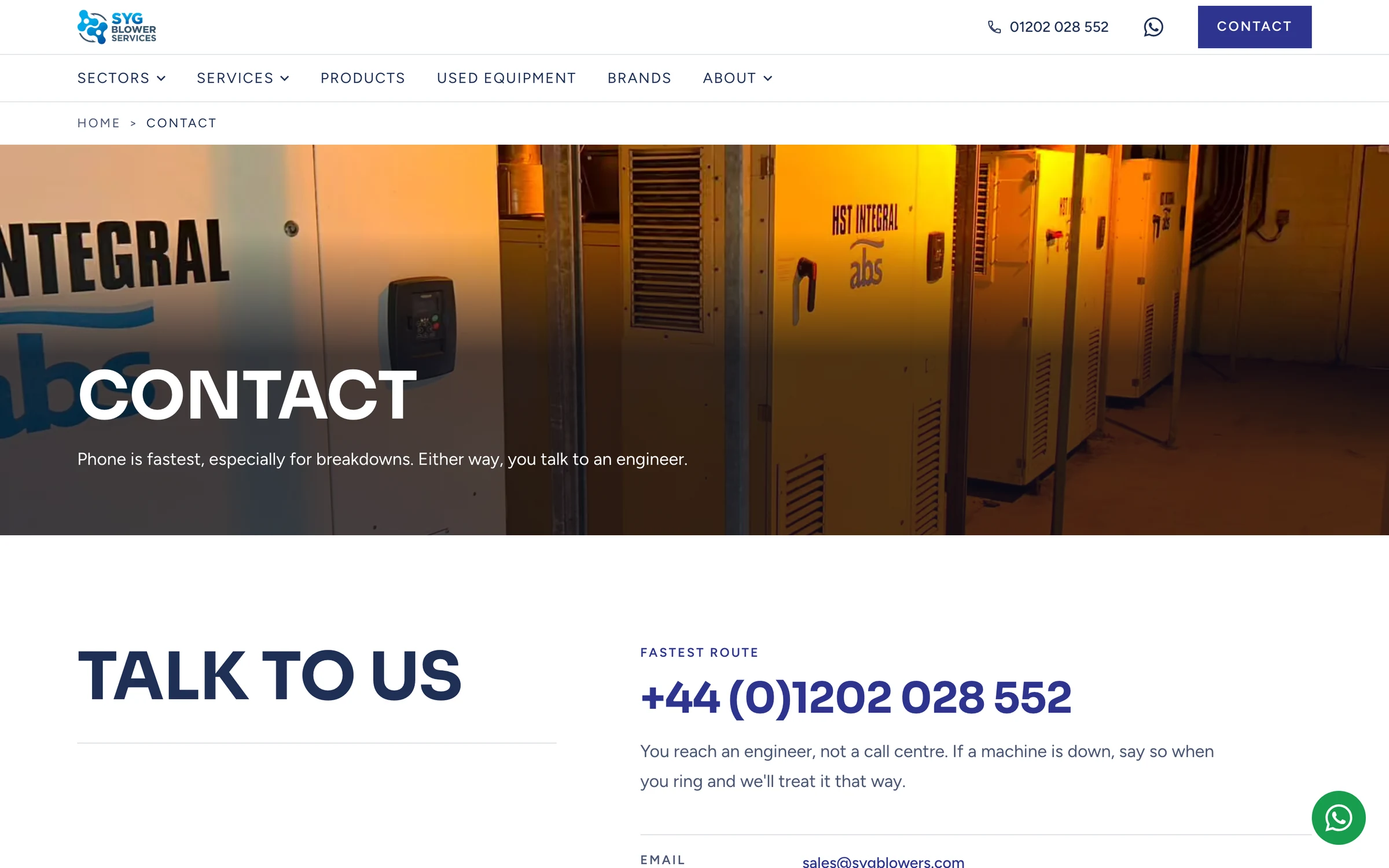 The SYG contact page: Talk to us, with the phone number for breakdowns and an enquiry form