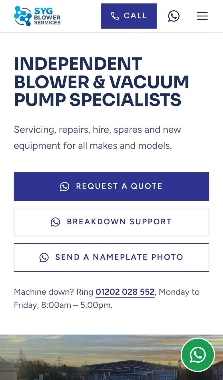 The SYG home page on a phone, with Request a quote and Breakdown support buttons