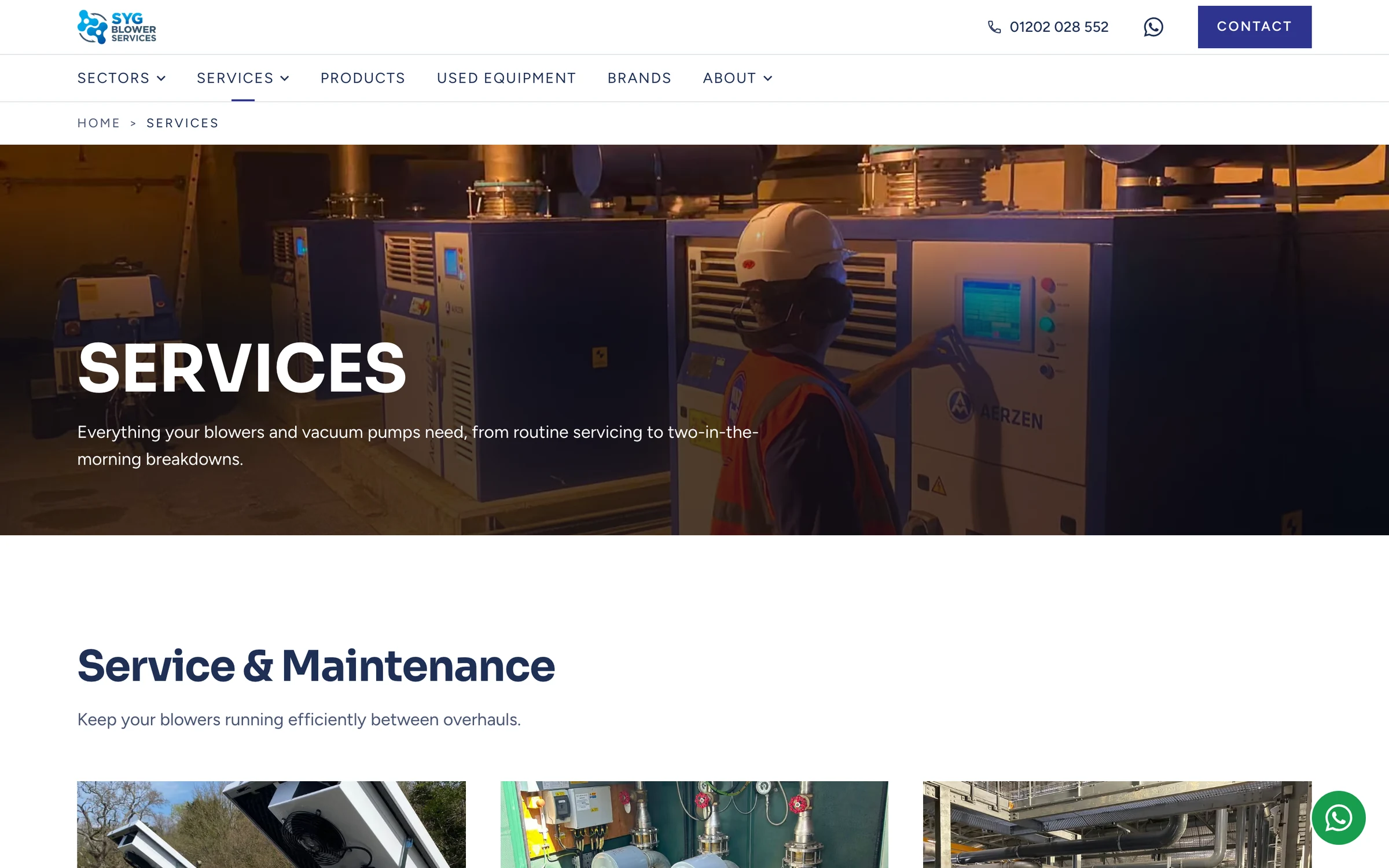 The SYG services page: an engineer in a hard hat at a blower control panel, under the heading Services