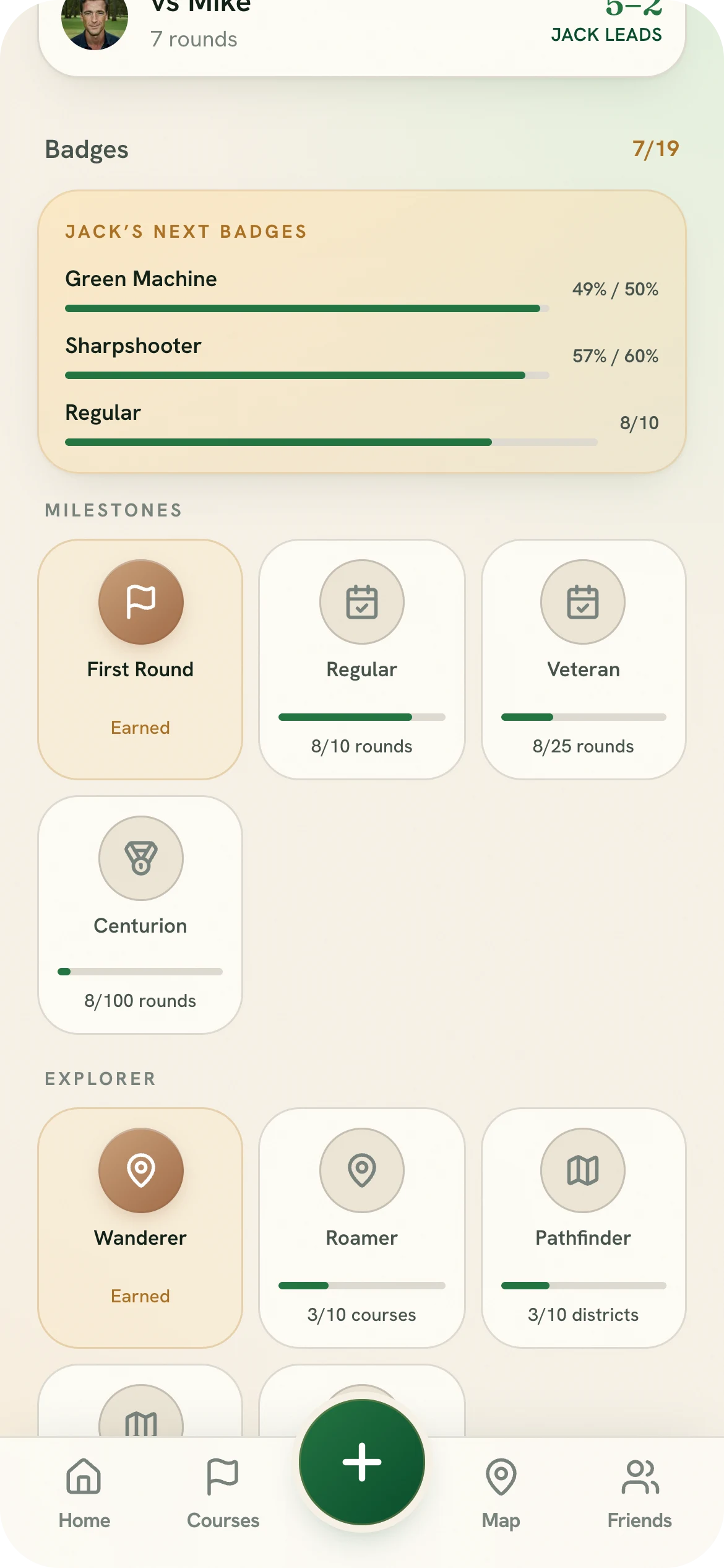 The badges screen — milestones and explorer badges with progress bars