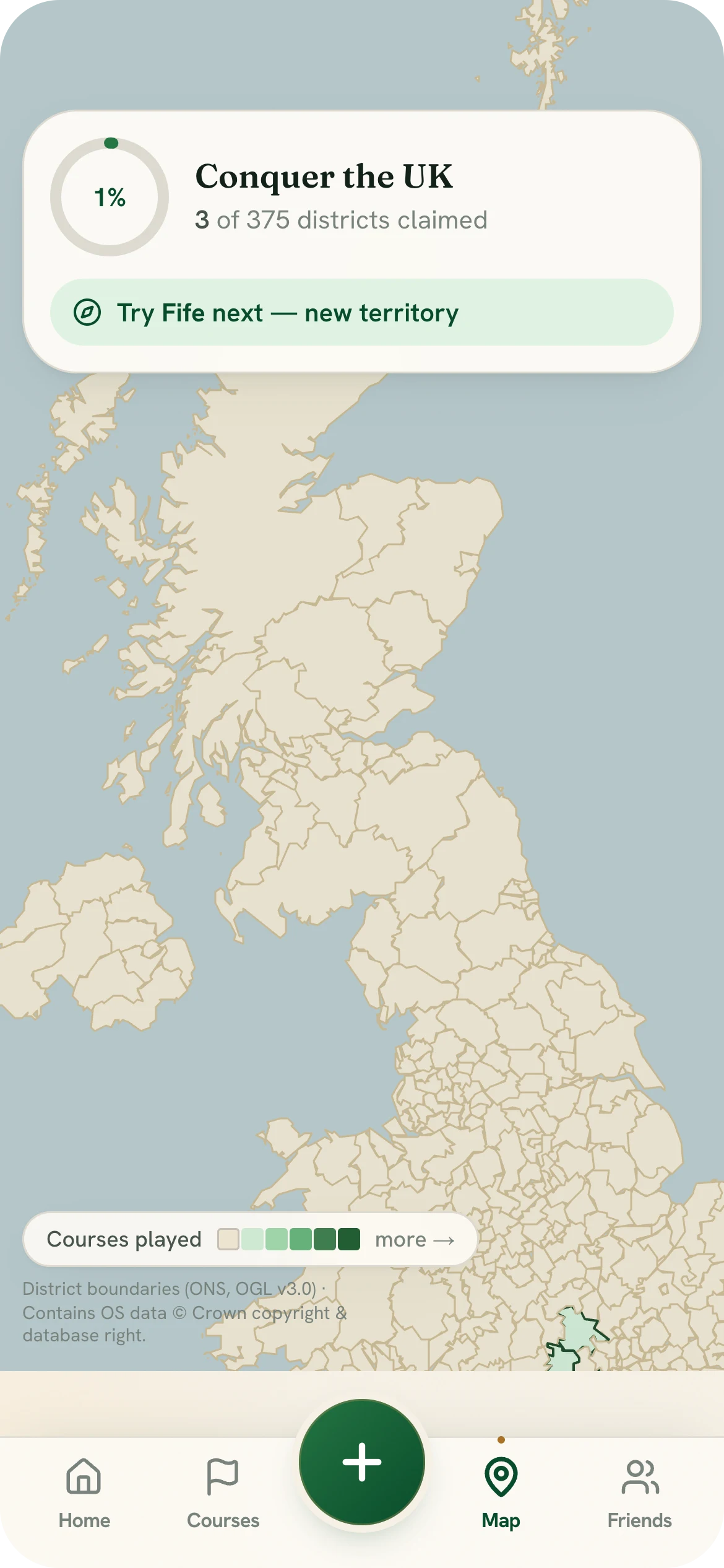 The conquest map in the app — Conquer the UK, 3 of 375 districts claimed, over a district map of Britain