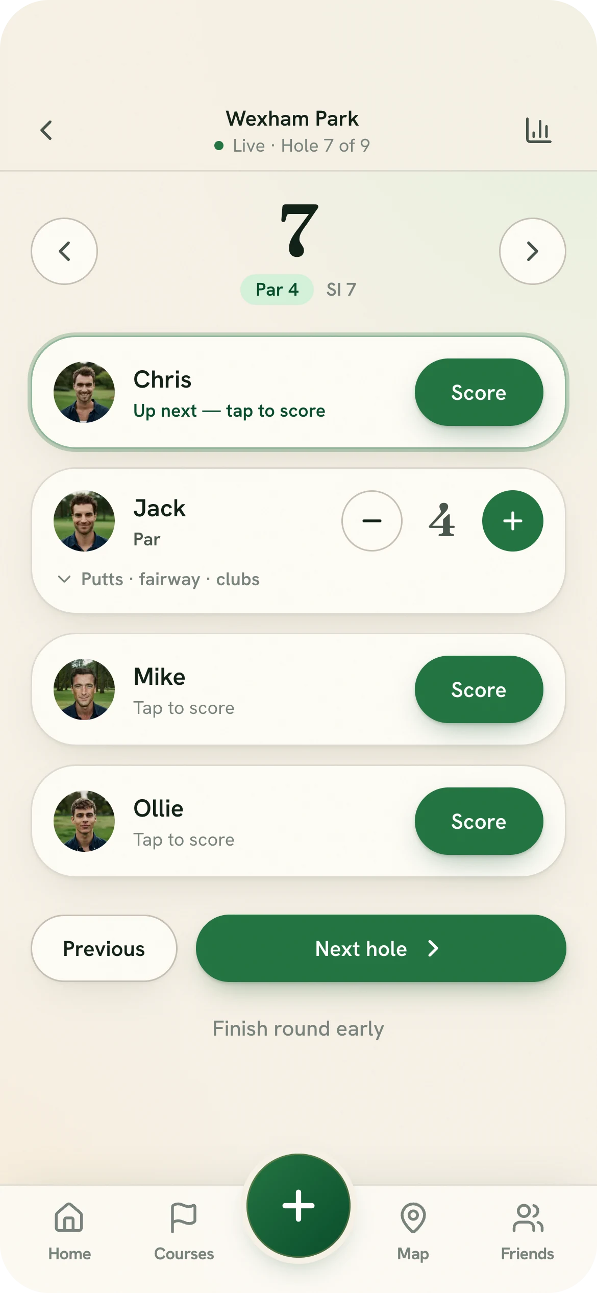 Live scoring in the app — Wexham Park, hole 7 of 9, with four players' cards and a score stepper