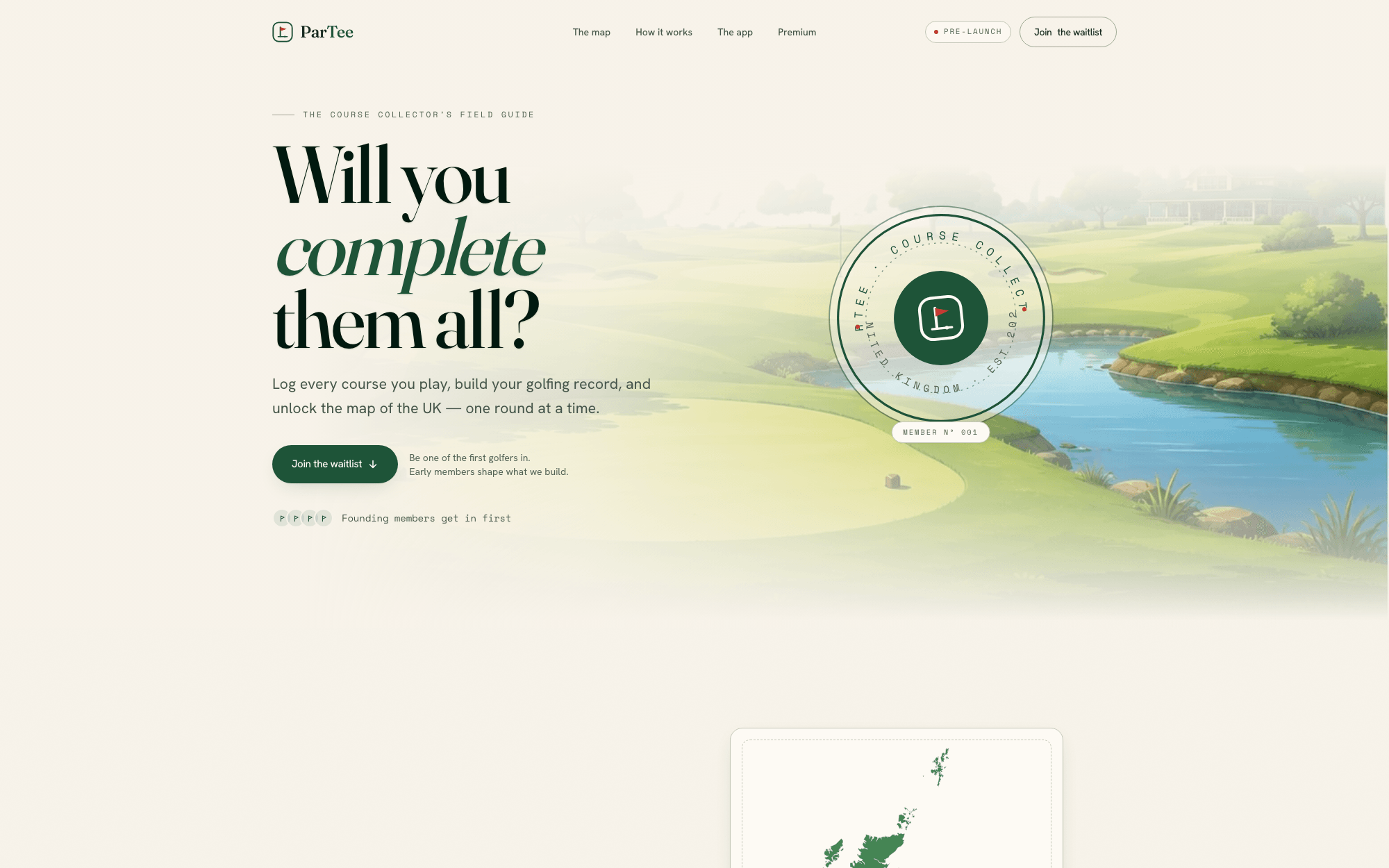 The pre-launch page — 'Will you complete them all?' over an illustrated golf-course scene with a numbered Course Collector membership badge
