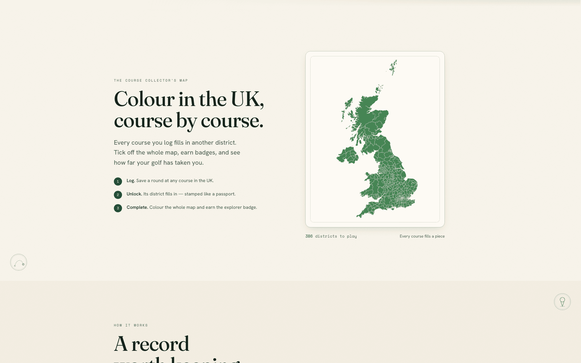 Colour in the UK, course by course — a district-by-district UK map with the steps Log, Unlock, Complete