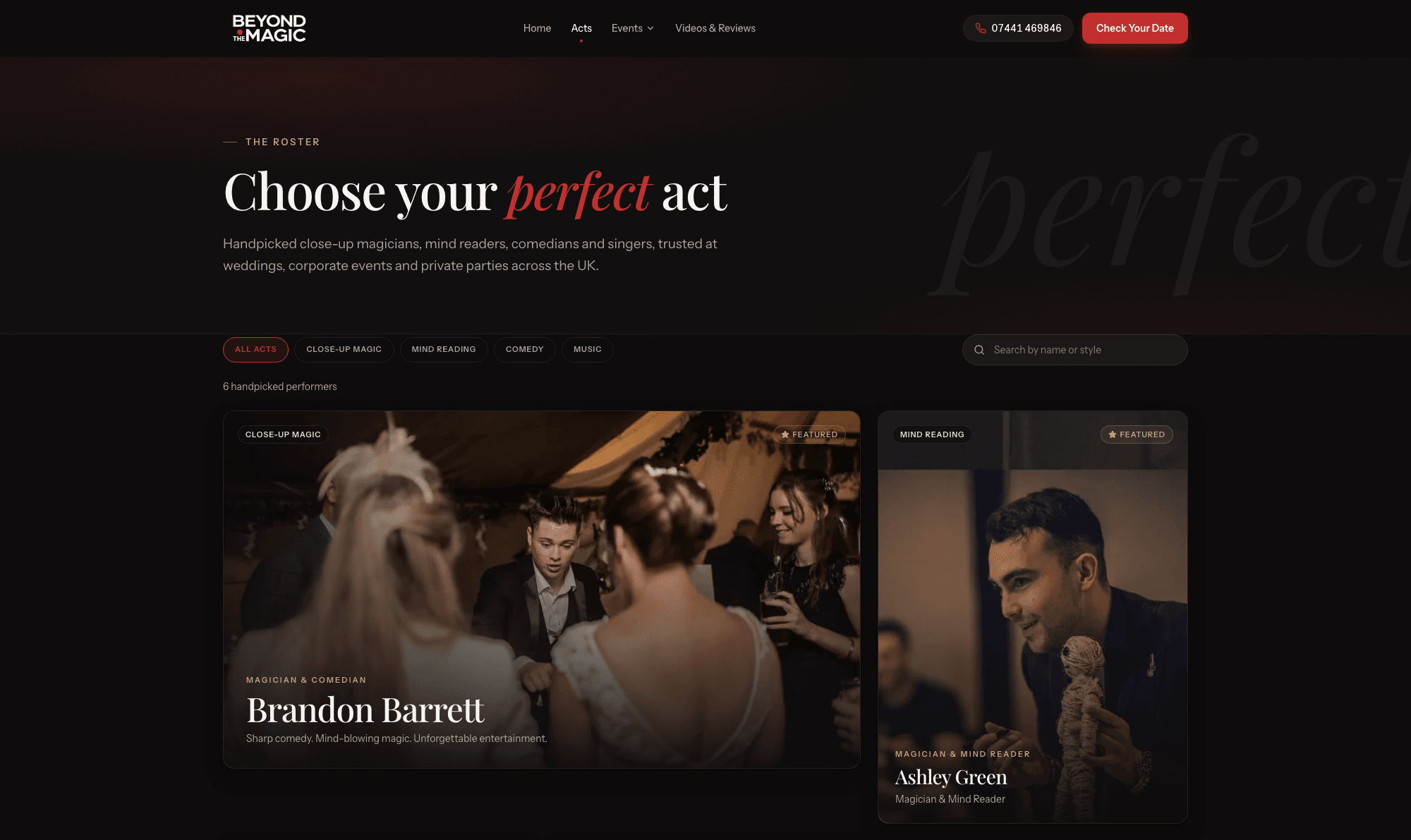 The roster on beyondthemagic.co.uk — handpicked acts, filterable by style