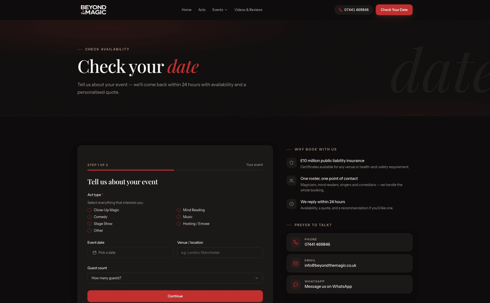 Check your date — a two-step enquiry form with phone, email and WhatsApp beside it