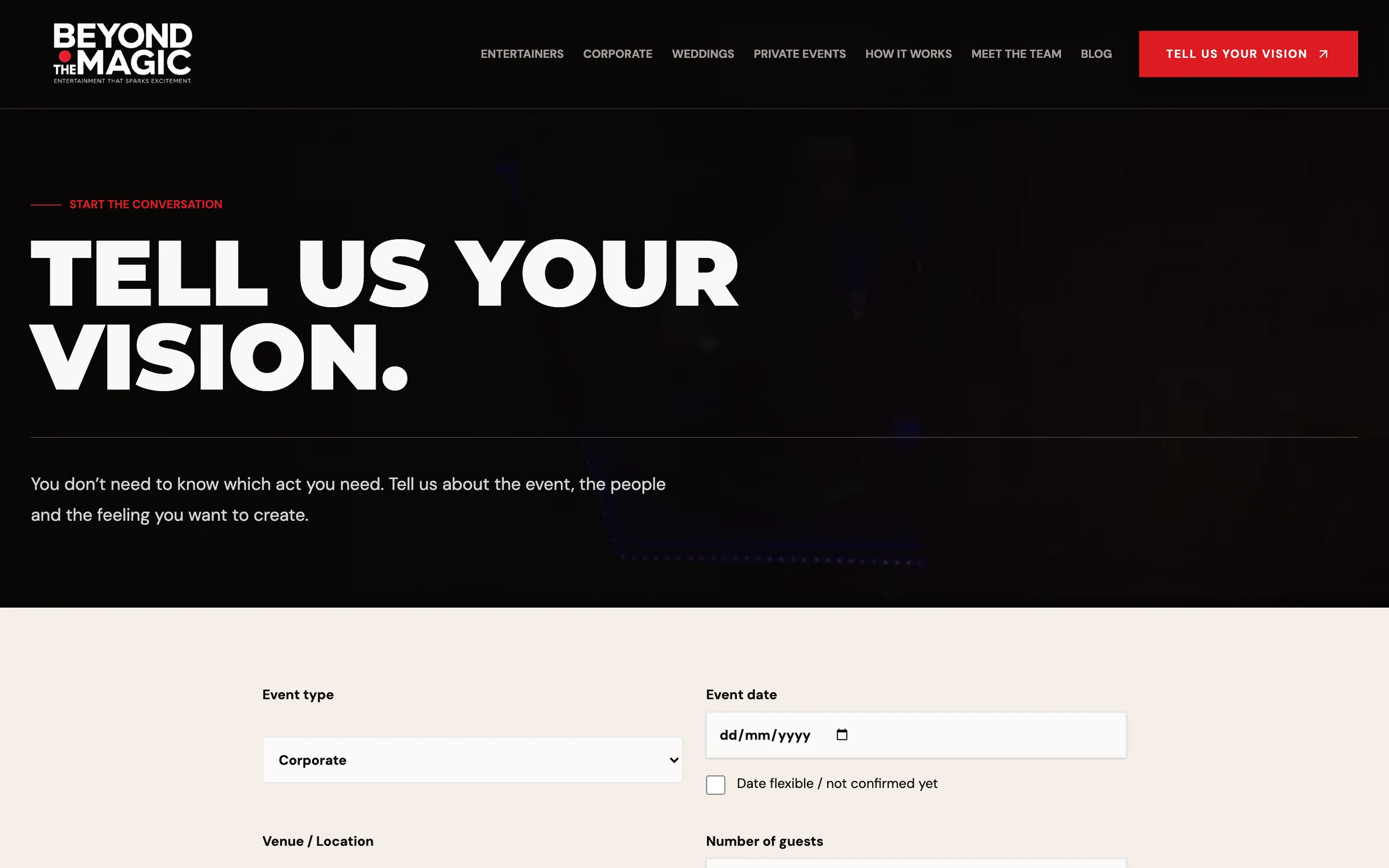 Tell us your vision: the enquiry form, starting with the event type and date