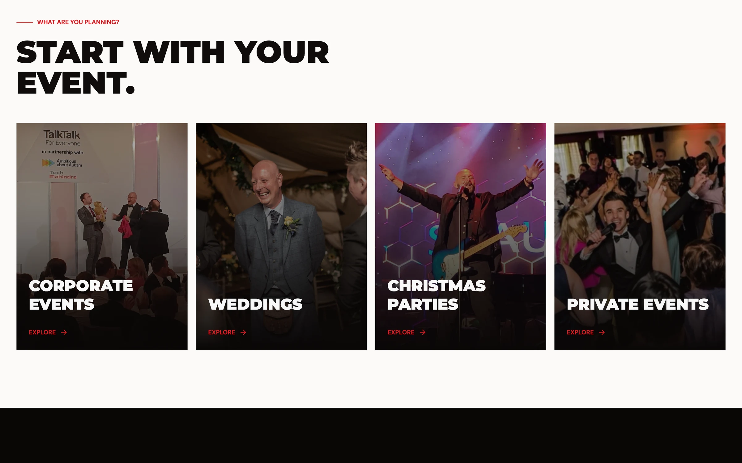 Start with your event: corporate events, weddings, Christmas parties and private events