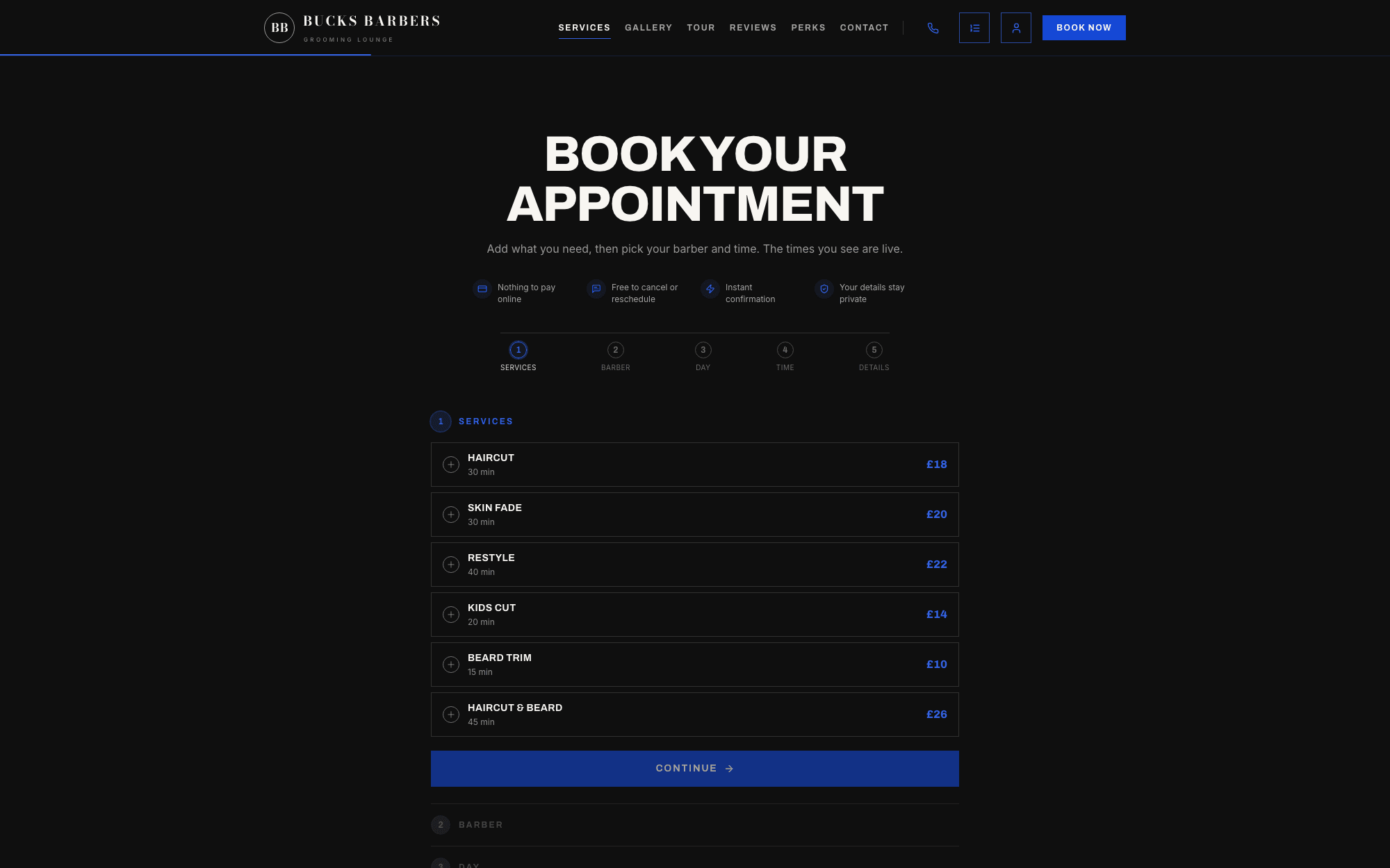The booking engine — services, barber, day, time and details in five steps with live availability