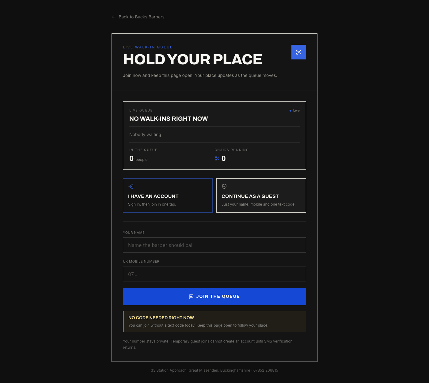 The live walk-in queue — hold your place, people ahead and chairs running, updating live