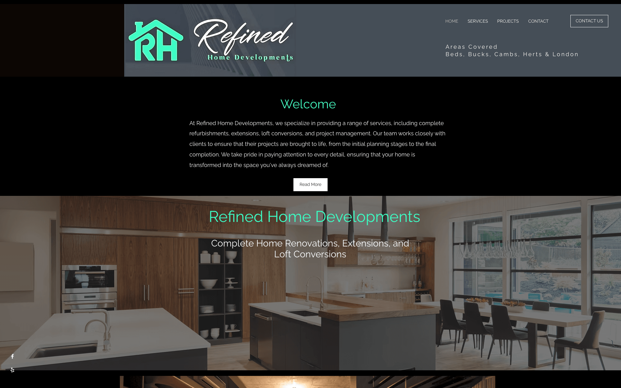 The current Refined Home Developments homepage — a dark template with a grey banner header and centred welcome copy