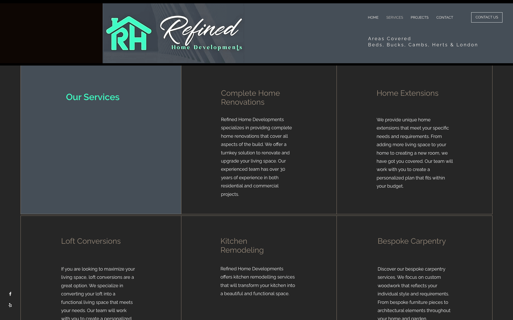 The current services page — six text-only boxes on a dark ground, no photography