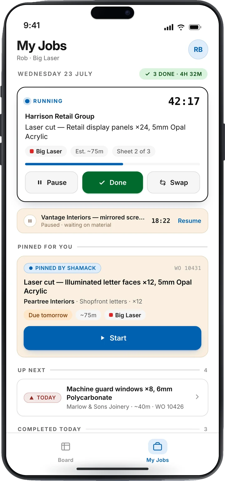 The operator's My Jobs screen — a running job with a live timer, a job pinned by the office, and up-next work.