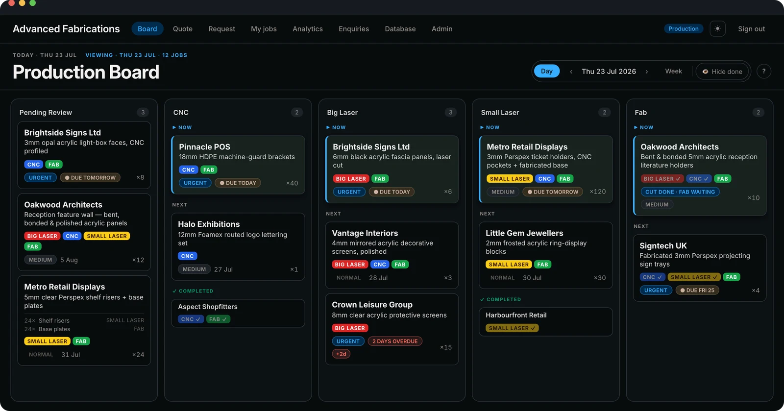 The same production board in dark mode, tuned for the workshop floor.