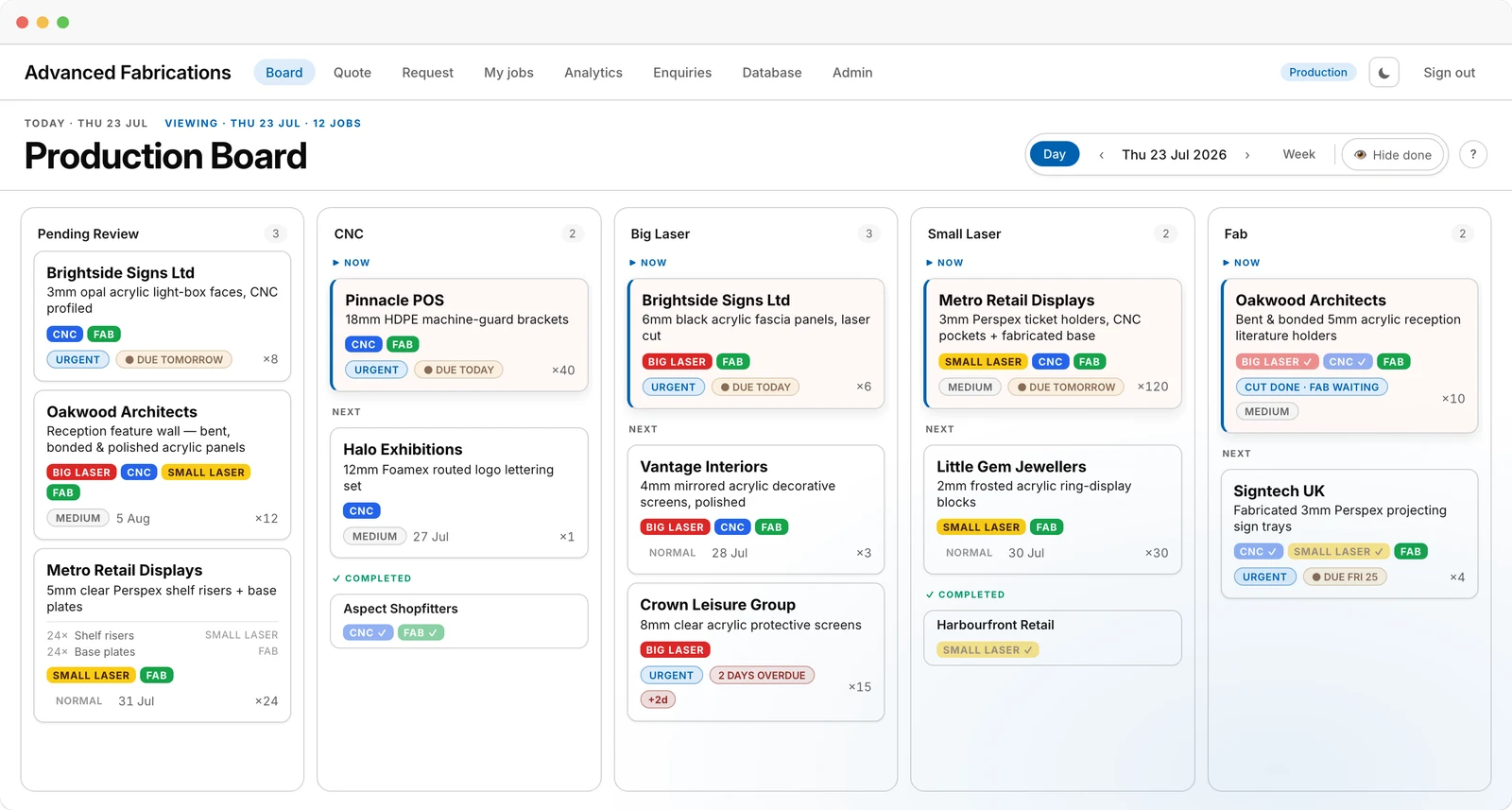 The production board — every job and every machine on one live screen