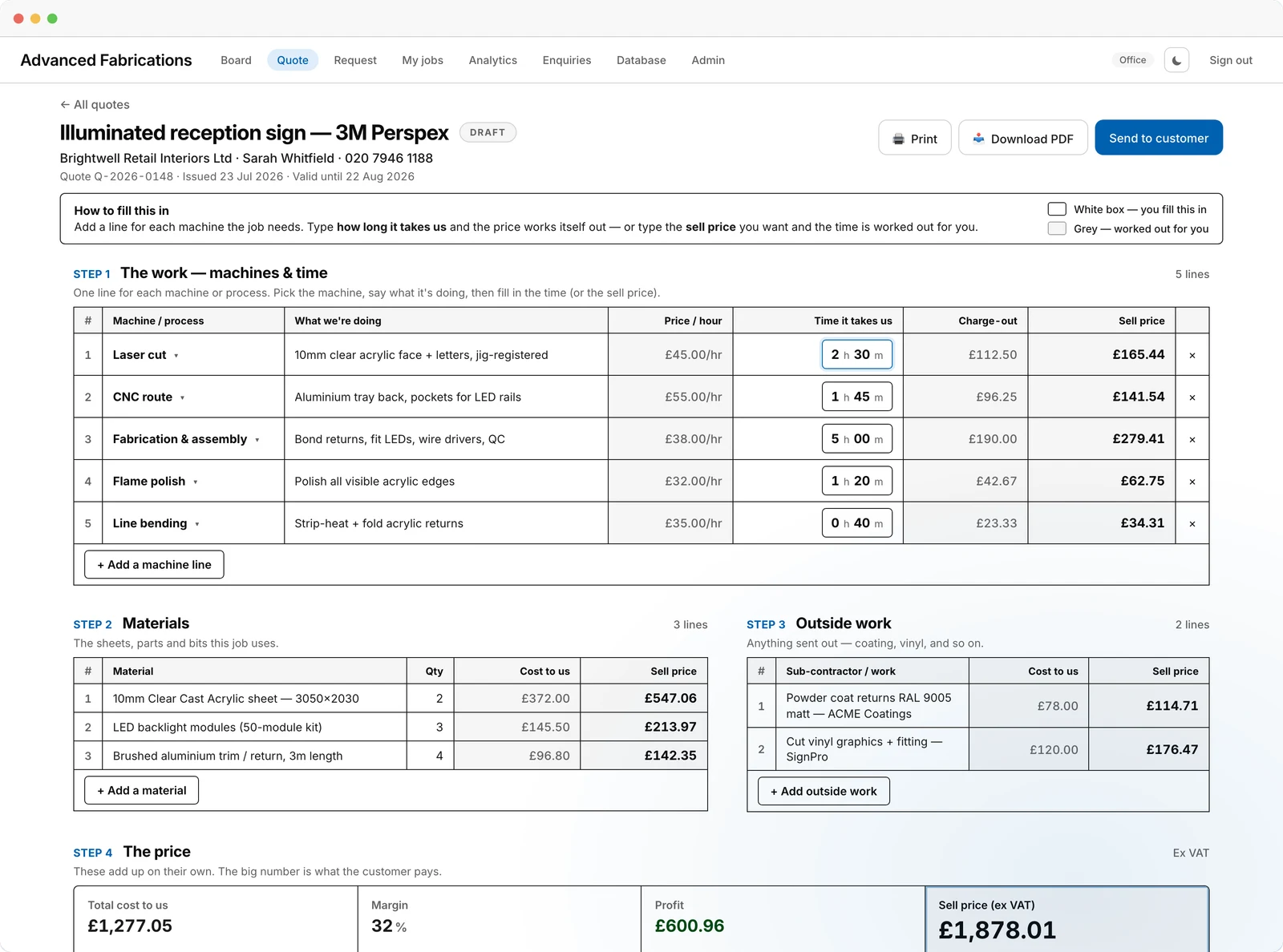 Quote calculator pricing a job line by line across machines, materials and outside work, with margin, profit and sell price totalled.