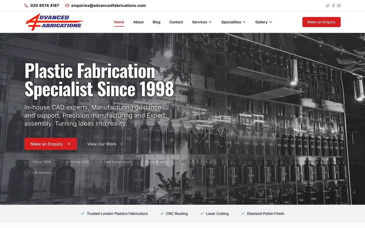 advancedfabrications.com — "Plastic Fabrication Specialist Since 1998" hero with enquiry buttons