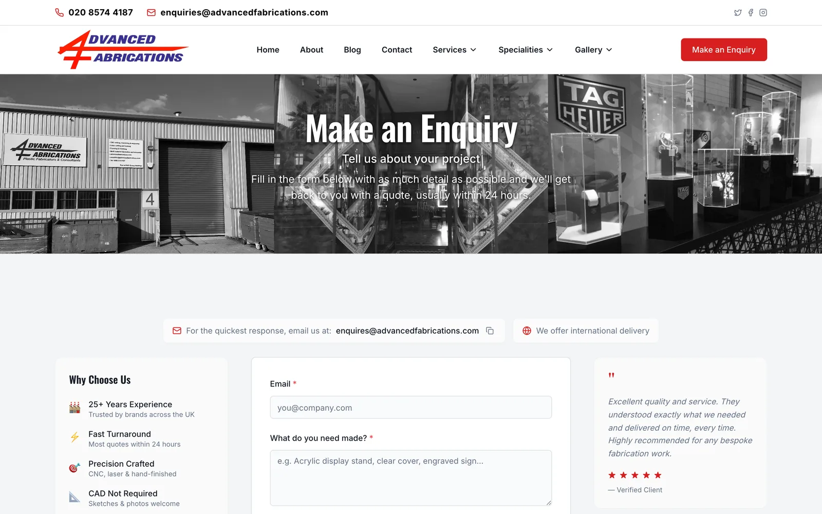 The enquiry page: a simple form, a 24-hour promise, and the reasons to choose them alongside.
