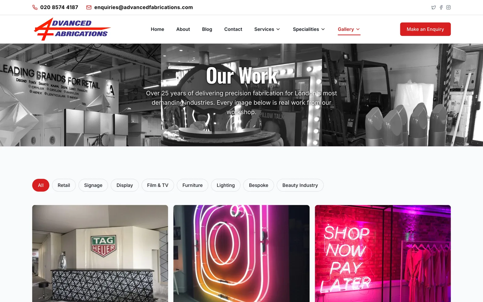 The filterable gallery — retail, signage, film & TV, lighting — every image is real work from the workshop, updated by the team.