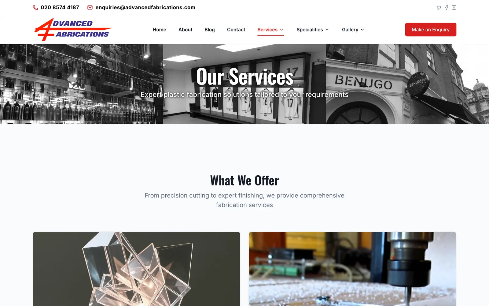 Every service gets its own page — CNC routing, laser cutting, bending, polishing.