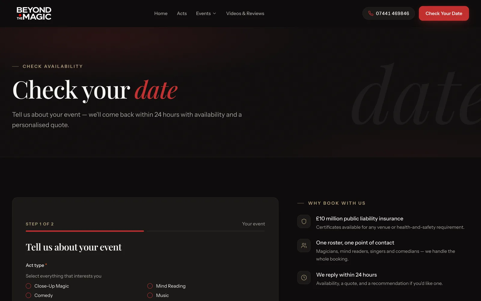 “Check your date” — a two-step enquiry form built to capture the booking.