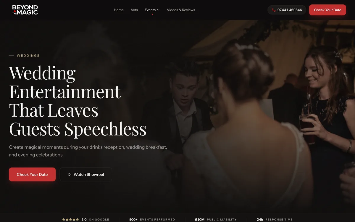 beyondthemagic.co.uk — the weddings landing page: "Wedding Entertainment That Leaves Guests Speechless"