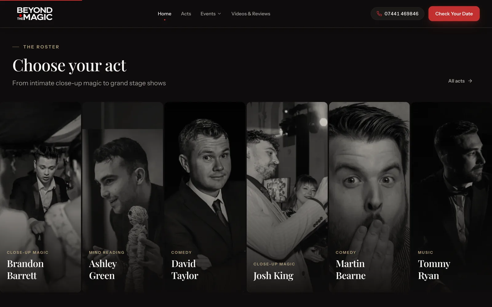 The roster: every act gets its own billing, photography and space on the page.